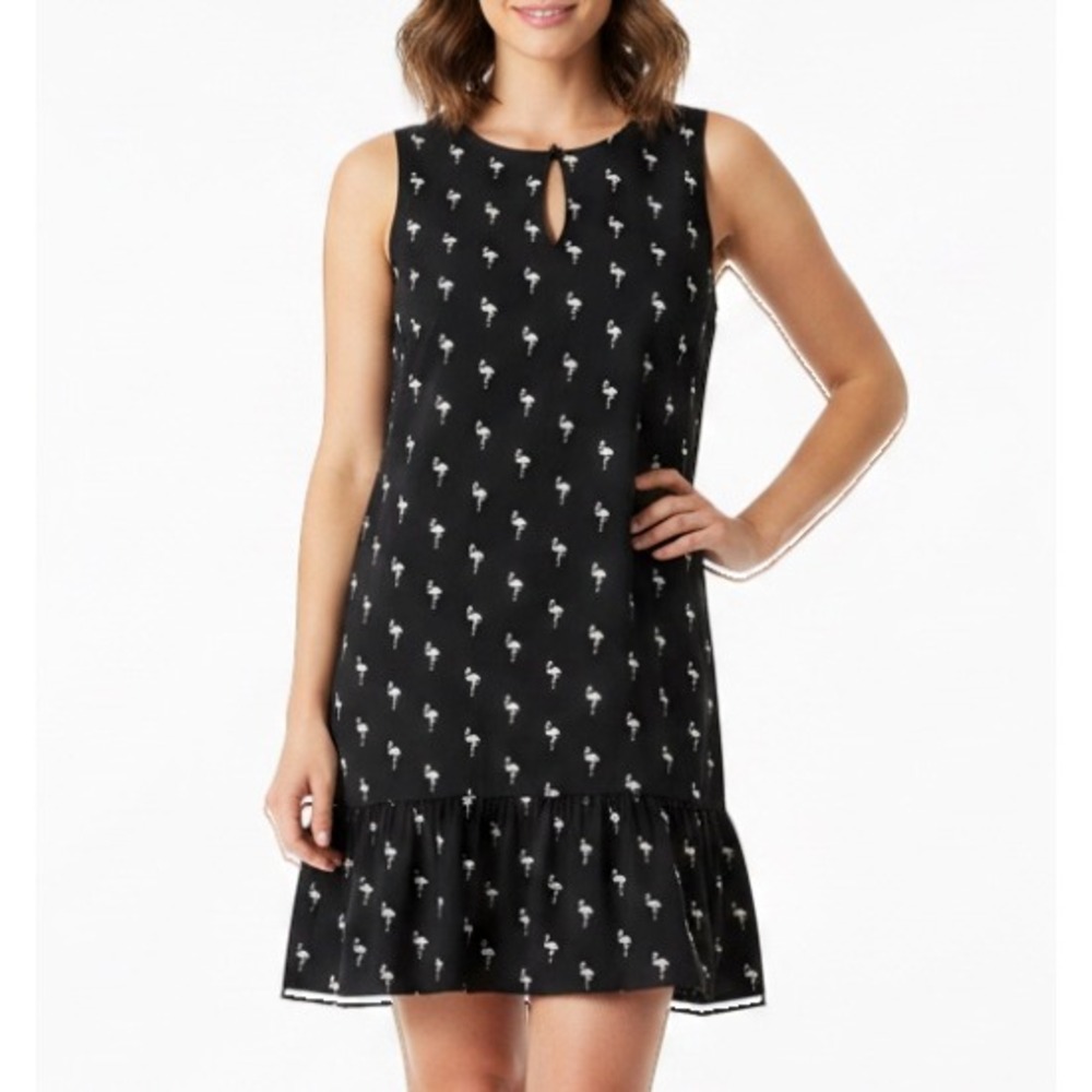 BANANA REPUBLIC Drop Waist Shift Dress BLACK w/WHITE FLAMINGO PRINT Ruffle Hem 8